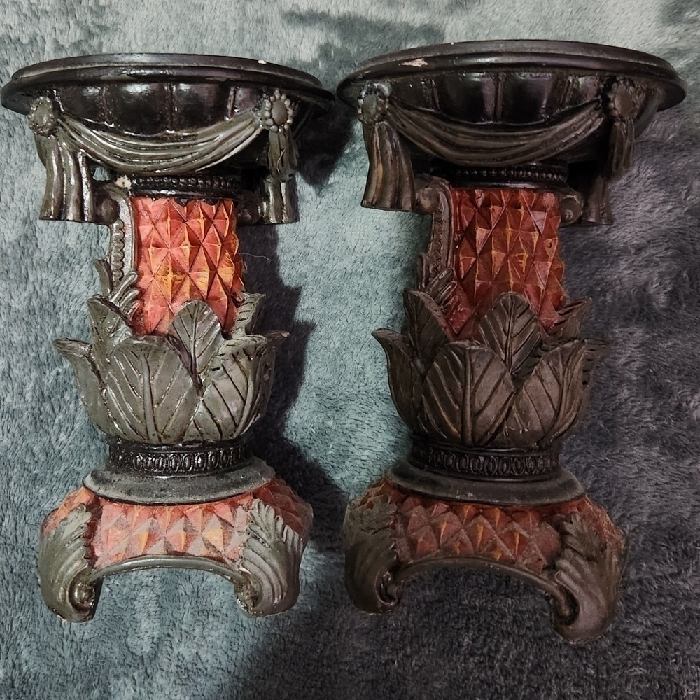 Vintage 5" Tall Regal Tropical Resin Pillar Candle Holder Pedestal Set Of 2